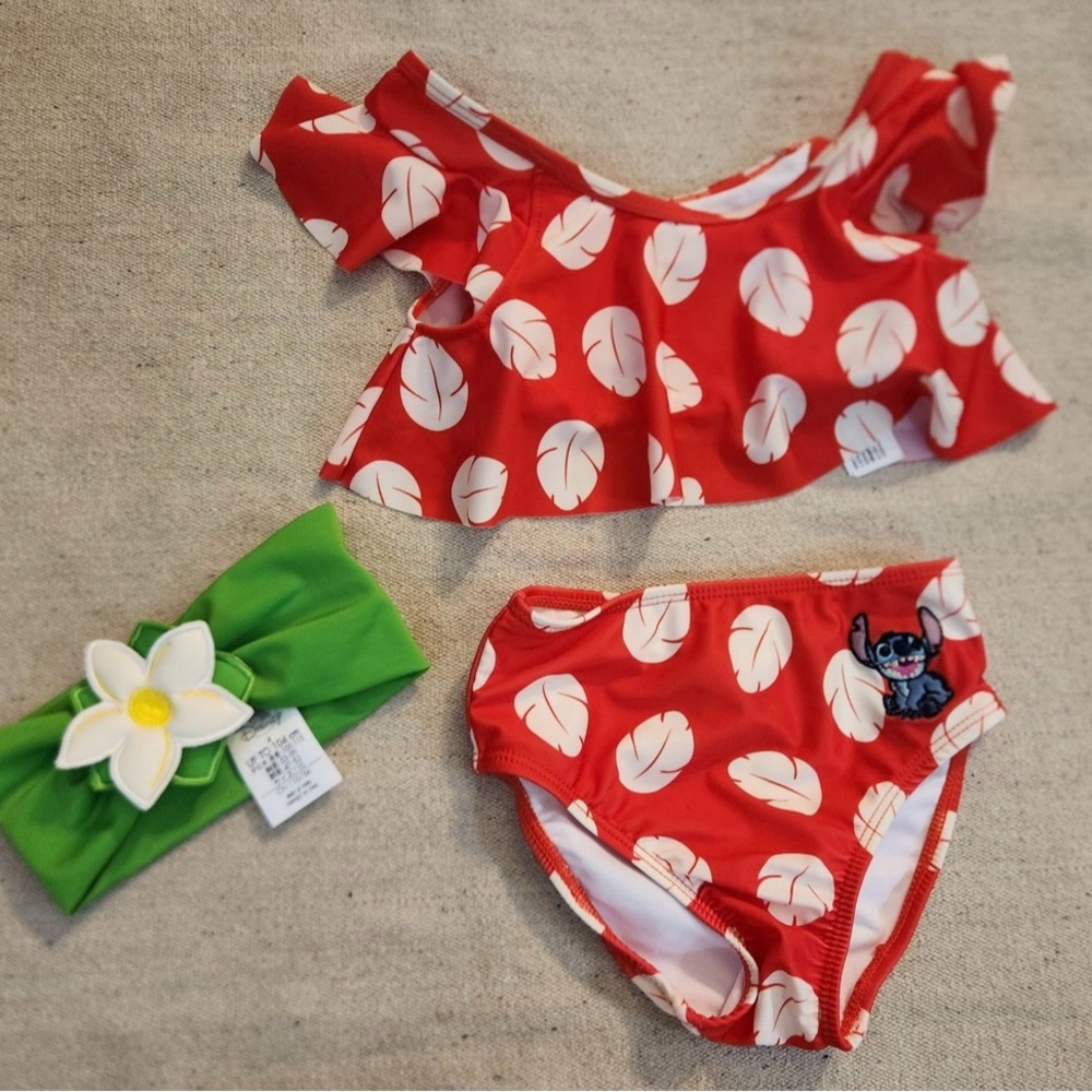 Girls Size 4 Disney Lilo & Stitch Red Leaf Print Bikini Set with Green Headband